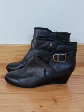 Hush Puppies Black Wedge Ankle Boots with Buckle